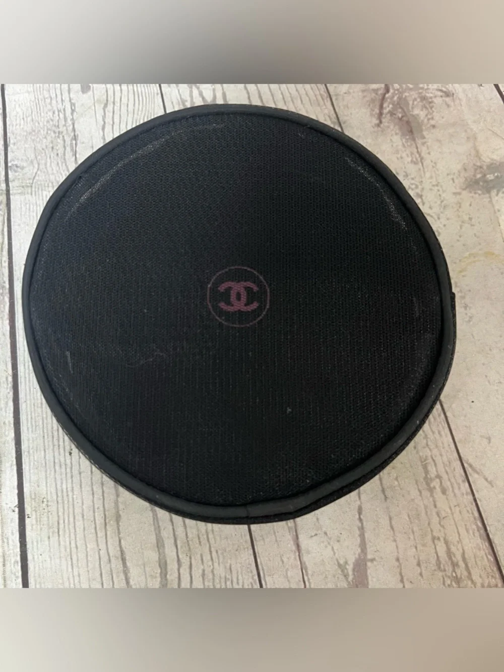 CHANEL Black Round Mesh Cosmetic Zip Bag.